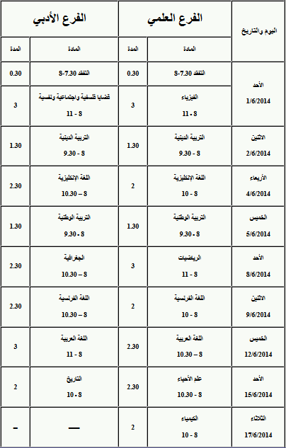 برنامج امتحان البكالوريا سوريا 2014 