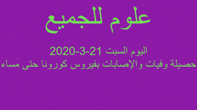 حصيلة وفيات والإصابات بفيروس كورونا حتى مساء اليوم السبت 21-3-2020
