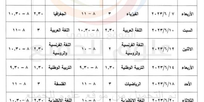 برنامج امتحان فحص البكالوريا 2023 سوريا علمي أدبي