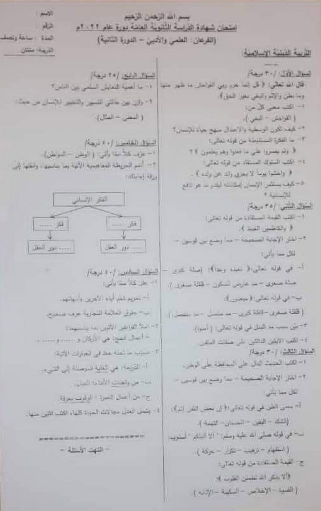 اسئلة الديانة بكالوريا 2022 الدورة الثانية