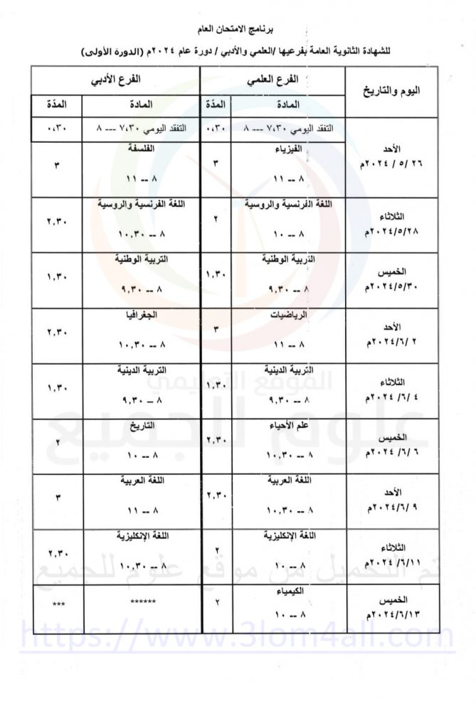 برنامج البكالوريا 2024 سوريا علمي أدبي الدورة الأولى