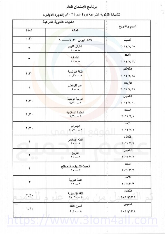 برنامج البكالوريا 2024 سوريا شرعي الدورة الأولى