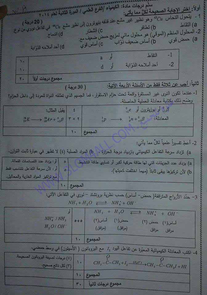 اسئلة الكيمياء للبكالوريا في سوريا - سلم تصحيح الكيمياء البكالوريا الدورة الثانية 2014 التكميلية