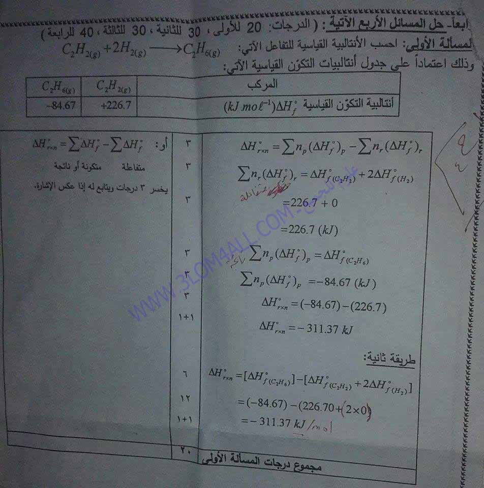 اسئلة الكيمياء للبكالوريا في سوريا - سلم تصحيح الكيمياء البكالوريا الدورة الثانية 2014 التكميلية