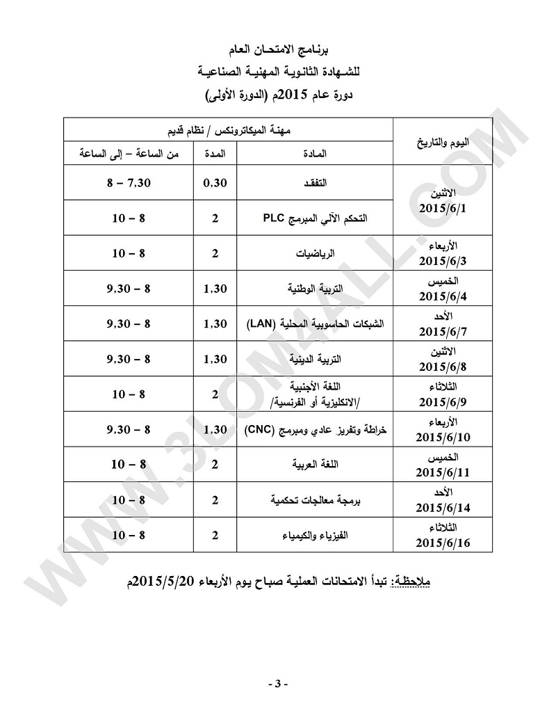 برنامج امتحان البكالوريا المهني في سوريا 2015  تجارة - صناعة - نسوية - مهني - الثالث الثانوي سوريا 