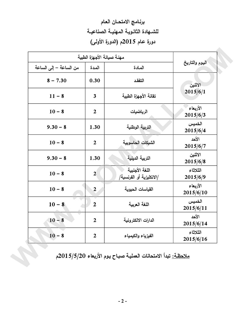 برنامج امتحان البكالوريا المهني في سوريا 2015  تجارة - صناعة - نسوية - مهني - الثالث الثانوي سوريا 
