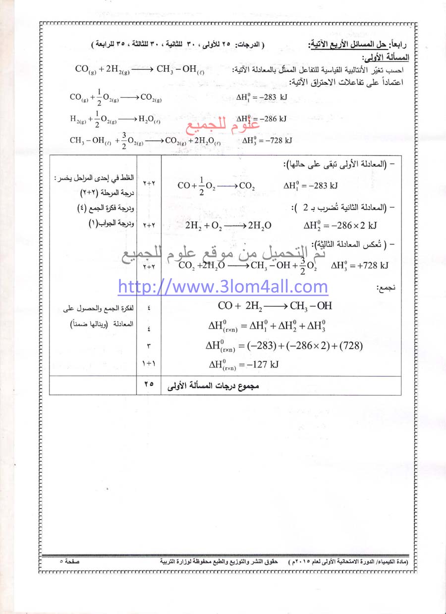 سلم تصحيح الكيمياء البكالوريا 2015 - سلم تصحيح كيمياء دورة اولى بكالوريا