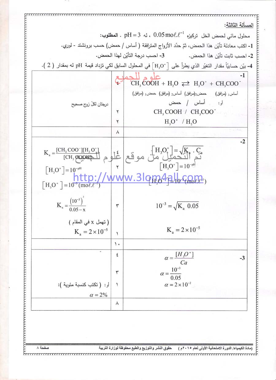 سلم تصحيح الكيمياء البكالوريا 2015 - سلم تصحيح كيمياء دورة اولى بكالوريا