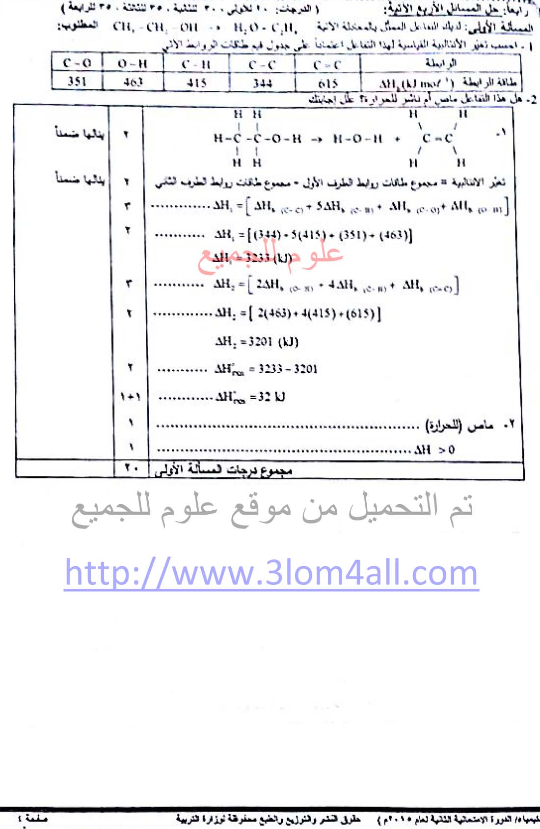 اسئلة دورات كيمياء بكالوريا - سلم تصحيح الكيمياء البكالوريا 2015 الدورة الثانية - الثانوية العامة