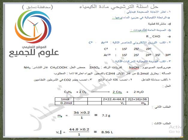 أسئلة الفحص الترشيحي مع الحل البكالوريا الحرة 2015-2016 في سوريا 