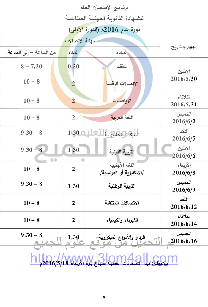 برنامج امتحان البكالوريا المهني في سوريا 2016  تجارة - صناعة - نسوية - مهني - الثالث الثانوي سوريا 
