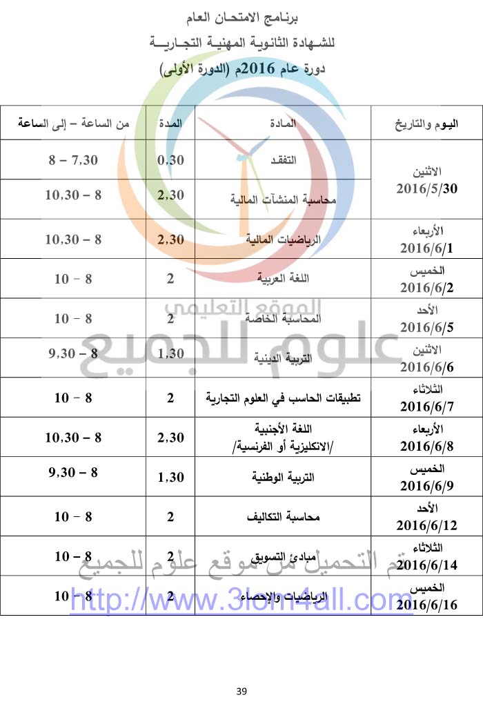 برنامج امتحان البكالوريا المهني في سوريا 2016  تجارة - صناعة - نسوية - مهني - الثالث الثانوي سوريا 