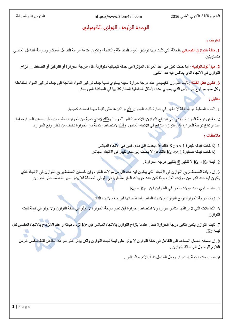 ملخص وحدة التوازن الكيميائي- البكالوريا أ.فداء الطرشة