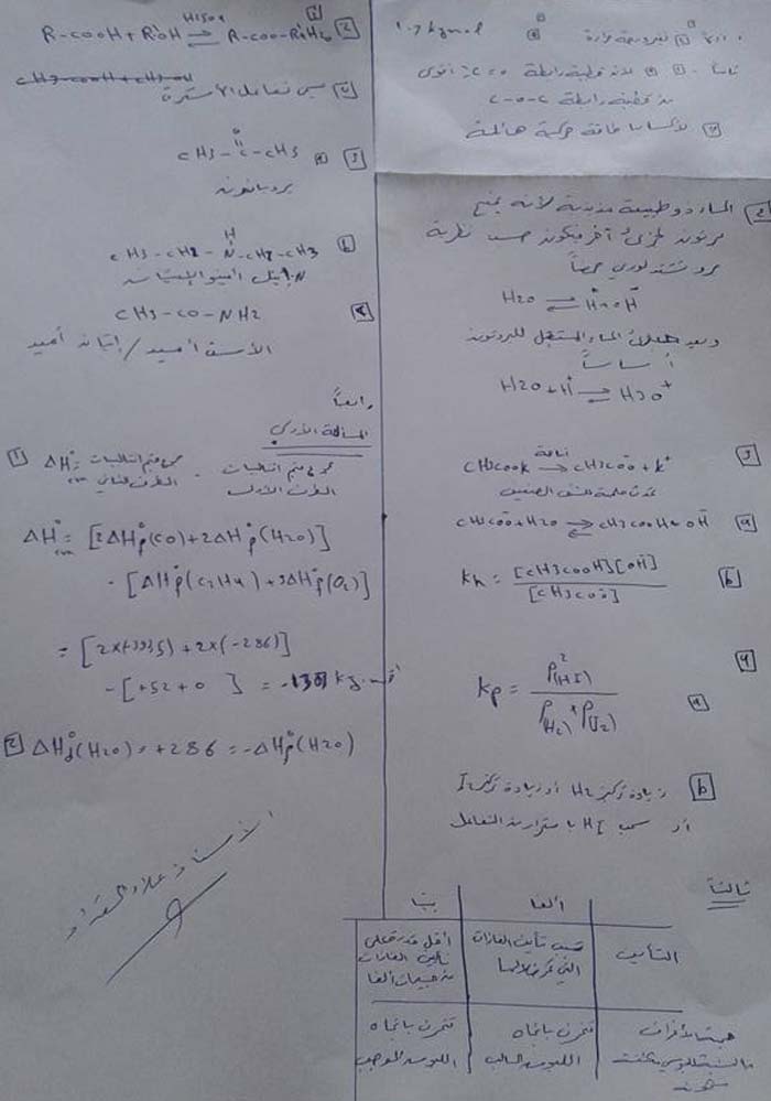 اسئلة الكيمياء للبكالوريا في سوريا - ورقة أسئلة امتحان الكيمياء البكالوريا 2016 الدورة الاولى - اسئلة دورات