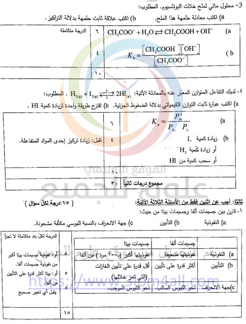 اسئلة الكيمياء للبكالوريا في سوريا - سلم تصحيح الكيمياء البكالوريا 2016 دورة اولى سوريا