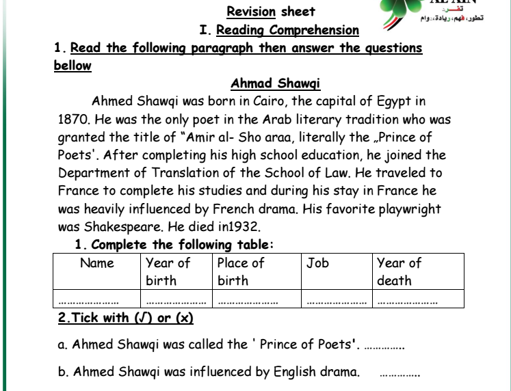 english revision sheet        