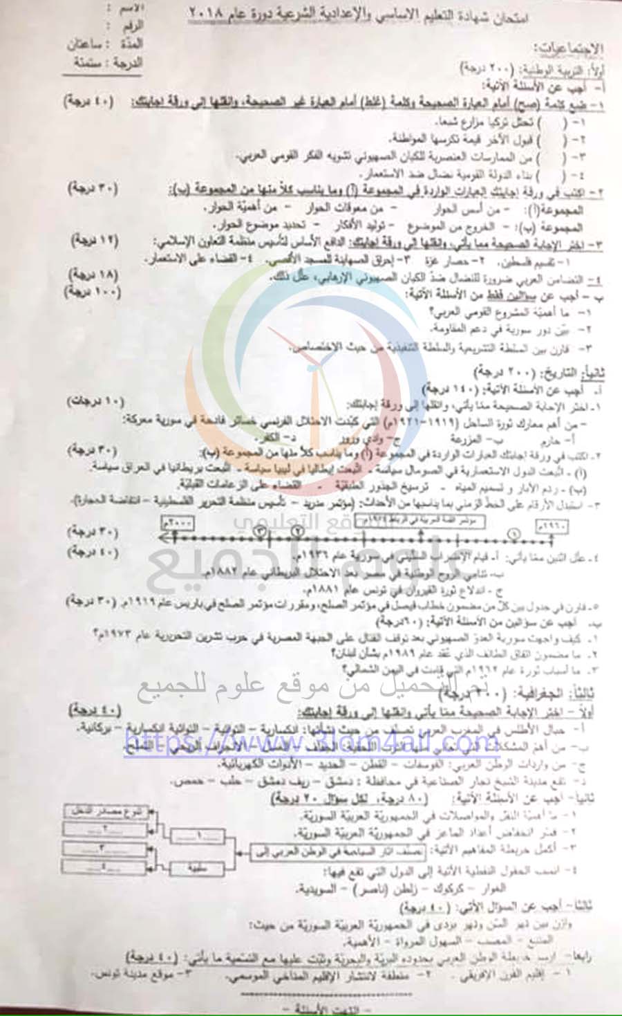 نماذج اجتماعيات تاسع سوريا 2021 - ورقة اسئلة الامتحان النهائي لمادة الاجتماعيات الصف التاسع 2018