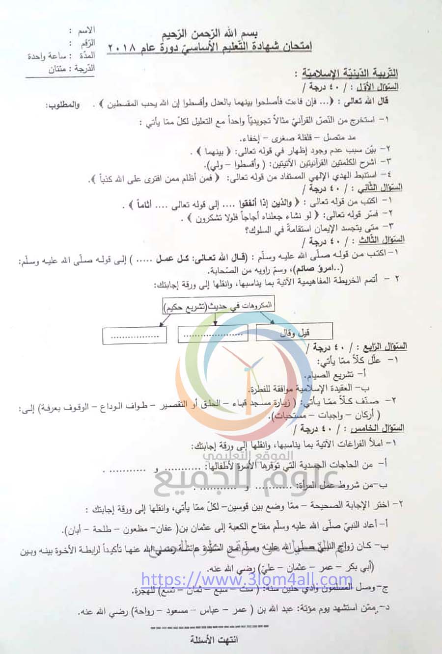 حماه واللاذقية ورقة اسئلة وزارة التربية للديانة للصف التاسع دورة 2018 - الامتحان النهائي 