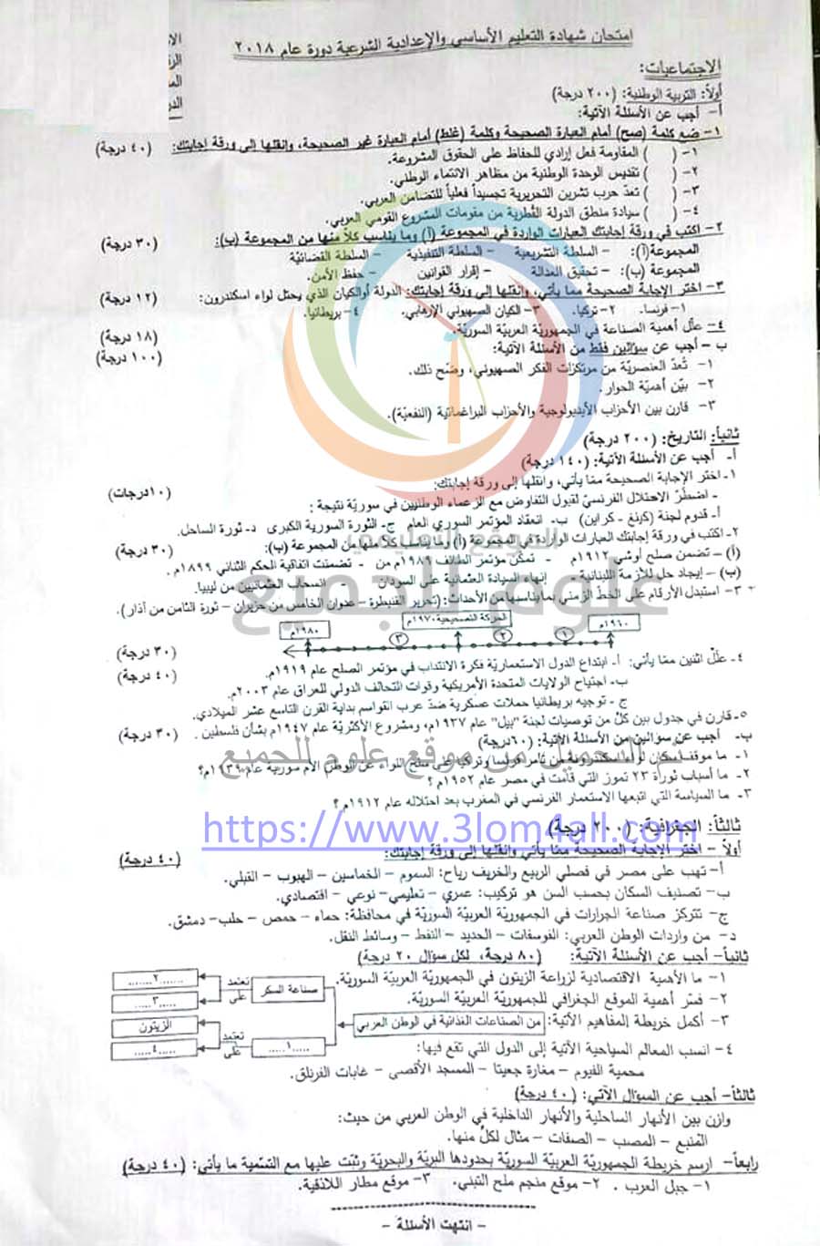 نماذج اجتماعيات تاسع سوريا 2021 - ورقة اسئلة الامتحان النهائي لمادة الاجتماعيات الصف التاسع 2018