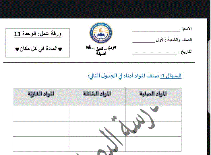 ورقة عمل للوحدة 13المادة في كل مكان علوم الصف الاول Post image of ورقة عمل للوحدة 13المادة في كل مكان علوم الصف الاول