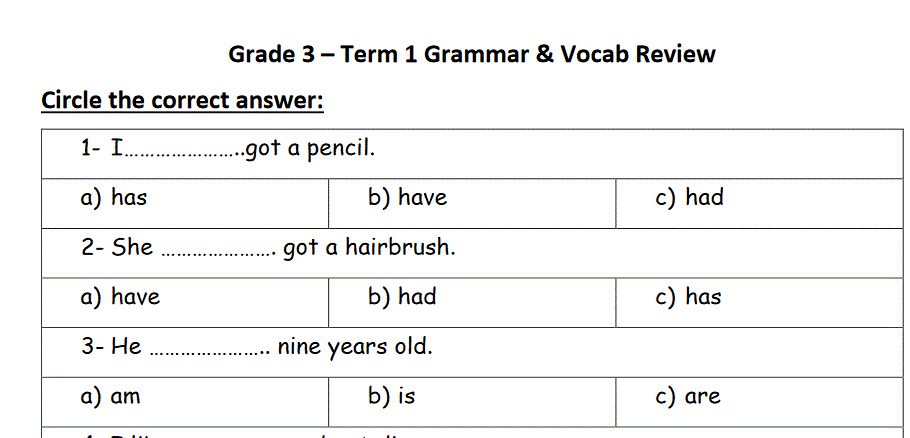 English grammar unit 3 revision grade3 Post image of English grammar unit 3 revision grade3