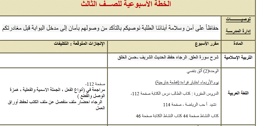 الخطة الاسبوعية للصف الثالث Post image of الخطة الاسبوعية للصف الثالث