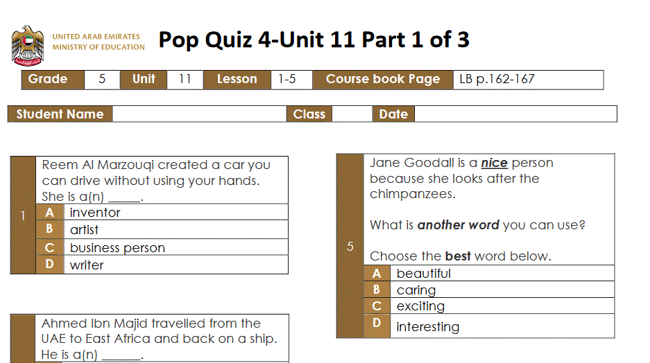 Pop Quiz 4 – Unit 11 Part 1 of 3 grade 5 English Post image of Pop Quiz 4 – Unit 11 Part 1 of 3 grade 5 English