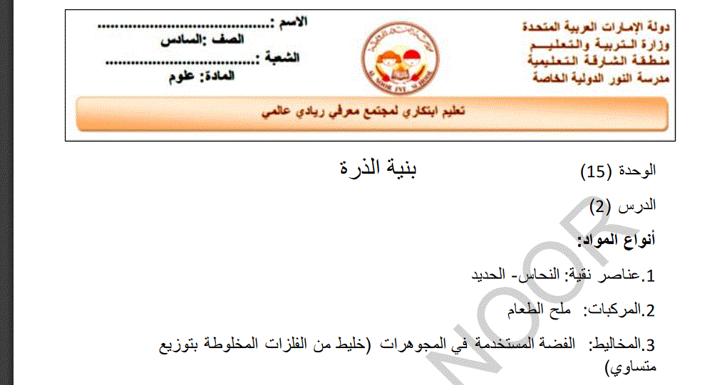ورقة عمل للعلوم بنية الذرة الصف السادس Post image of ورقة عمل للعلوم بنية الذرة الصف السادس