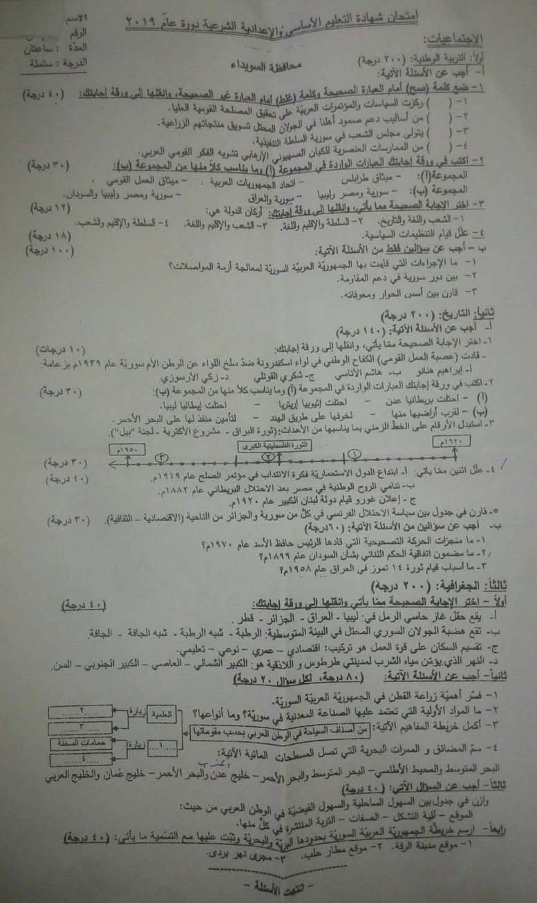 نماذج وزارية تاسع 2021 اجتماعيات - اسئلة محافظة السويداء ورقة اسئلة امتحان الاجتماعيات للتاسع 2019