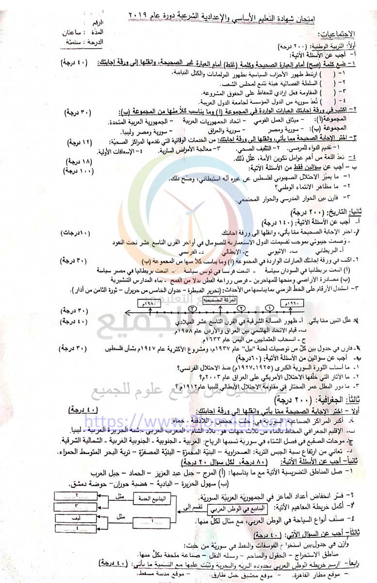 نماذج وزارية تاسع 2021 اجتماعيات - تربية محافظة درعا ورقة اسئلة امتحان الاجتماعيات للتاسع 2019