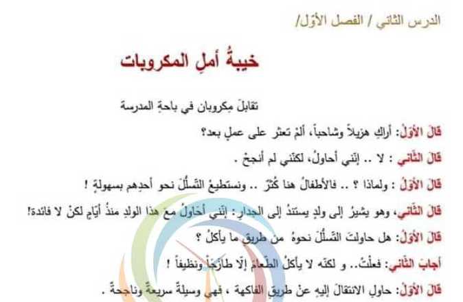 الصف الرابع اللغة العربية نص استماع خيبة أمل المكروبات