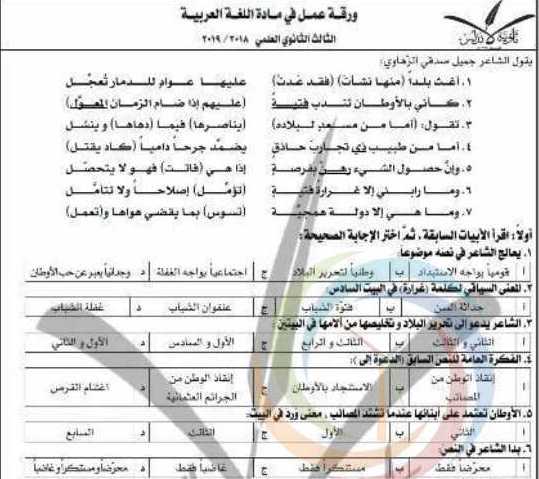 الصف البكالوريا اللغة العربية ورقة عمل الزهاوي