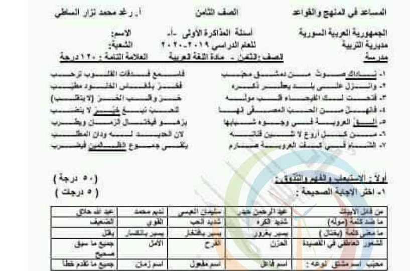 الصف الثامن اللغة العربية نموذج مذاكرة