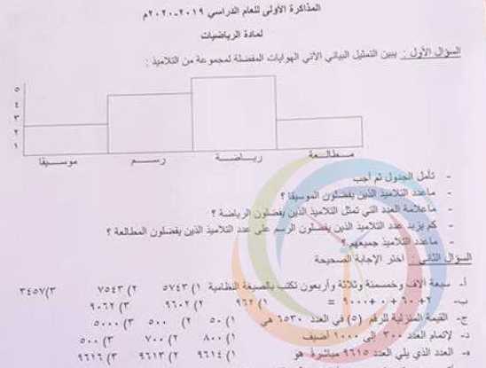 الصف الثالث الرياضيات  نموذج مذاكرة