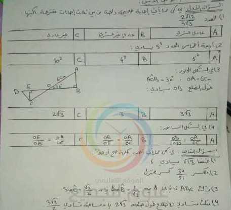 التاسع الرياضيات نموذج مذاكرة