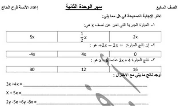 الصف السابع الرياضيات سبر الوحدة الثانية