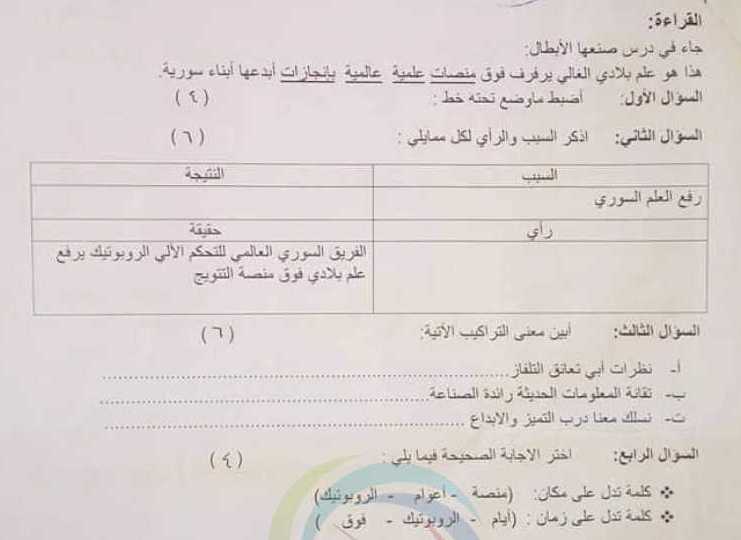 الصف السادس اللغة العربية نموذج امتحان 