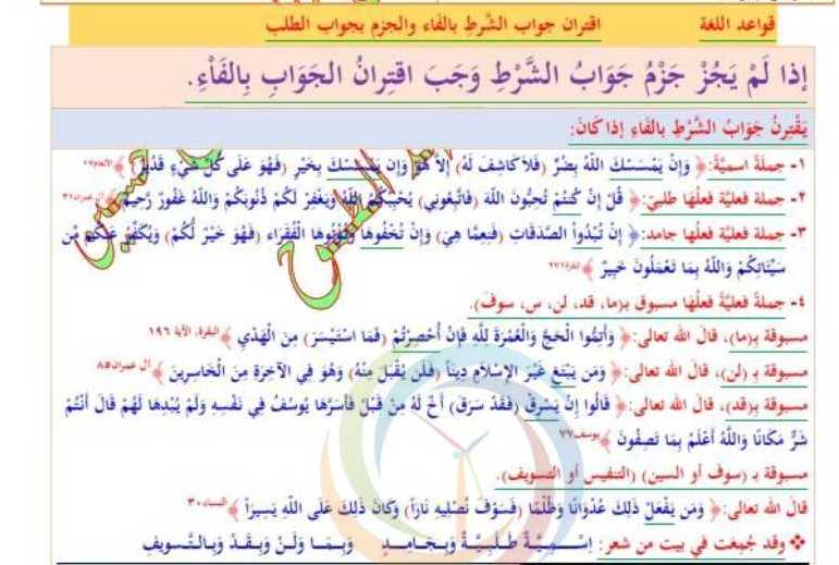 التاسع اللغة العربية شرح درس اقتران جواب الشرط بالفاء