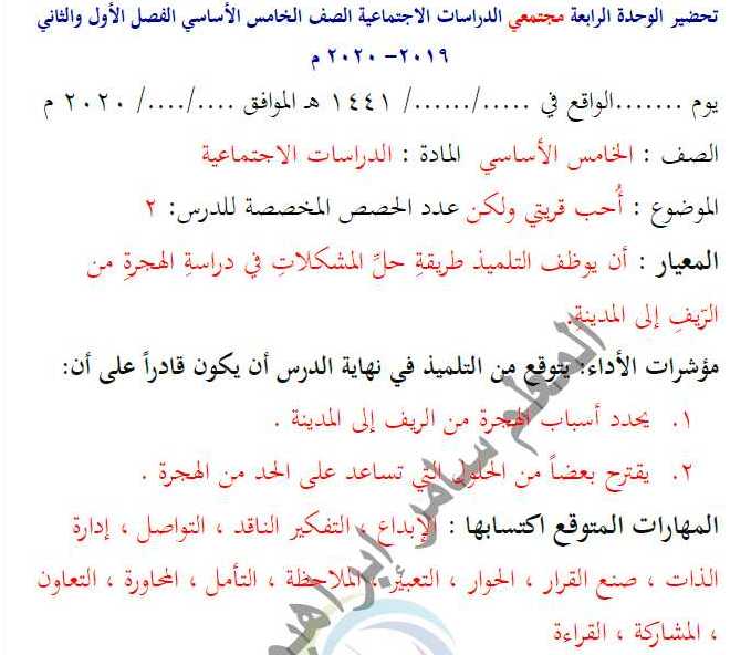 الصف الخامس الاجتماعية تحضير الوحدة الرابعة