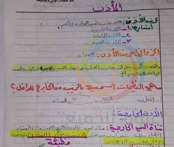 تلخيص درس الاذن علوم الصف التاسع