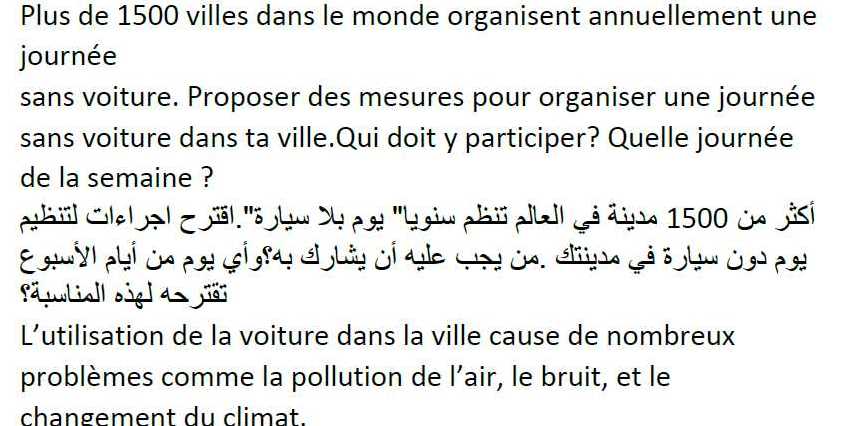 مواضيع الفرنسي للصف التاسع - موضوع خارجي عن يوم دون سيارة في مدينتك اللغة الفرنسية الصف التاسع