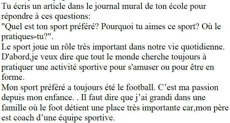 موضوع عن رياضتك المفضلة اللغة الفرنسية الصف التاسع