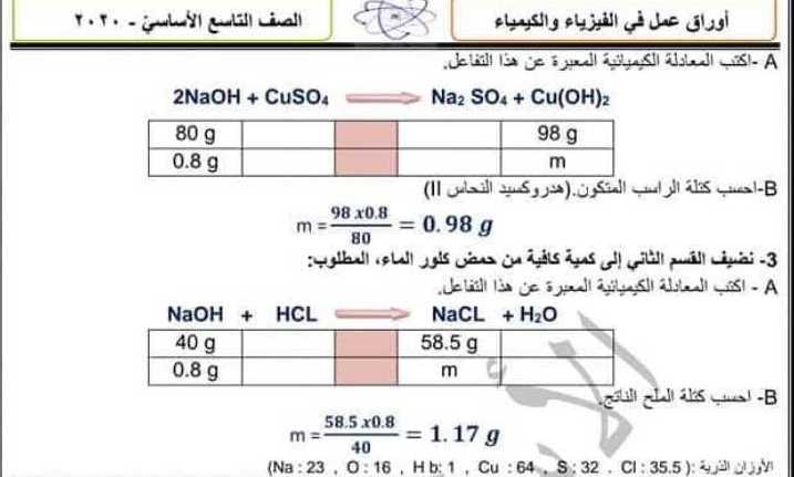 أوراق عمل درس الأملاح كيمياء الصف التاسع