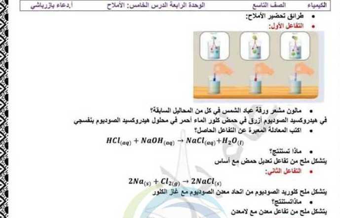 شرح وحل درس الأملاح كيمياء الصف التاسع