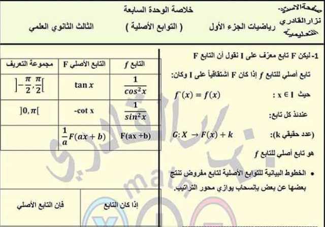 خلاصة الوحدة السابعة رياضيات البكلوريا العلمي