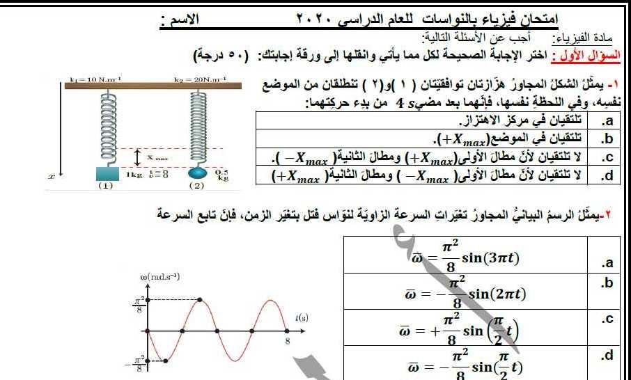 نماذج فيزياء بكالوريا - نموذج مذاكرة بالنواسات فيزياء البكالوريا العلمي