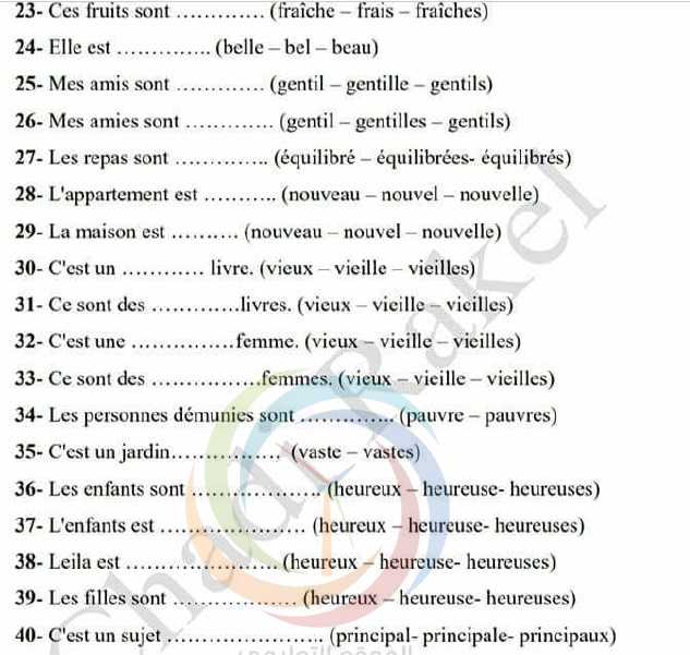 ورقة عمل قواعد الدرس الاول اللغة الفرنسية الصف التاسع 
