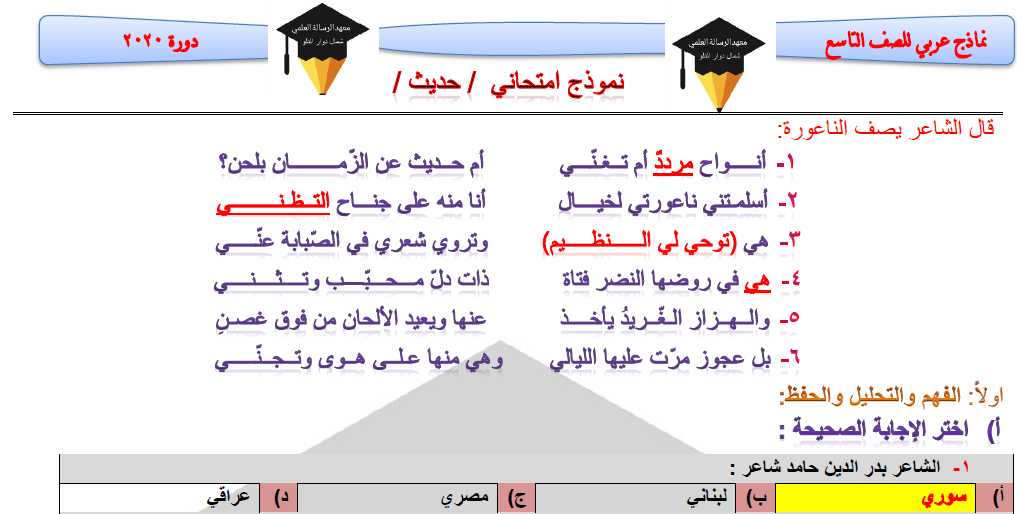 نماذج امتحانية محلولة اللغة العربية الصف التاسع 