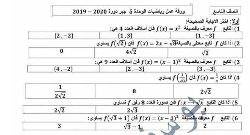 أوراق عمل رياضيات تاسع سوريا - ورقة عمل الوحدة 5 جبر مع سلم التصحيح التاسع