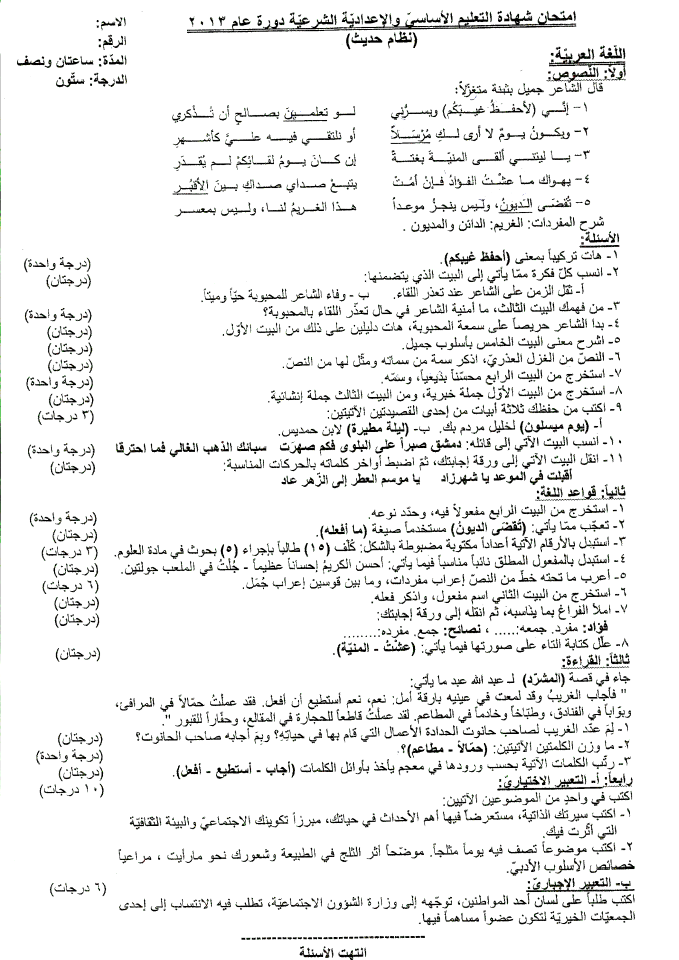 اسئلة دورات امتحانات التاسع سوريا 2013 - محافظة درعا 